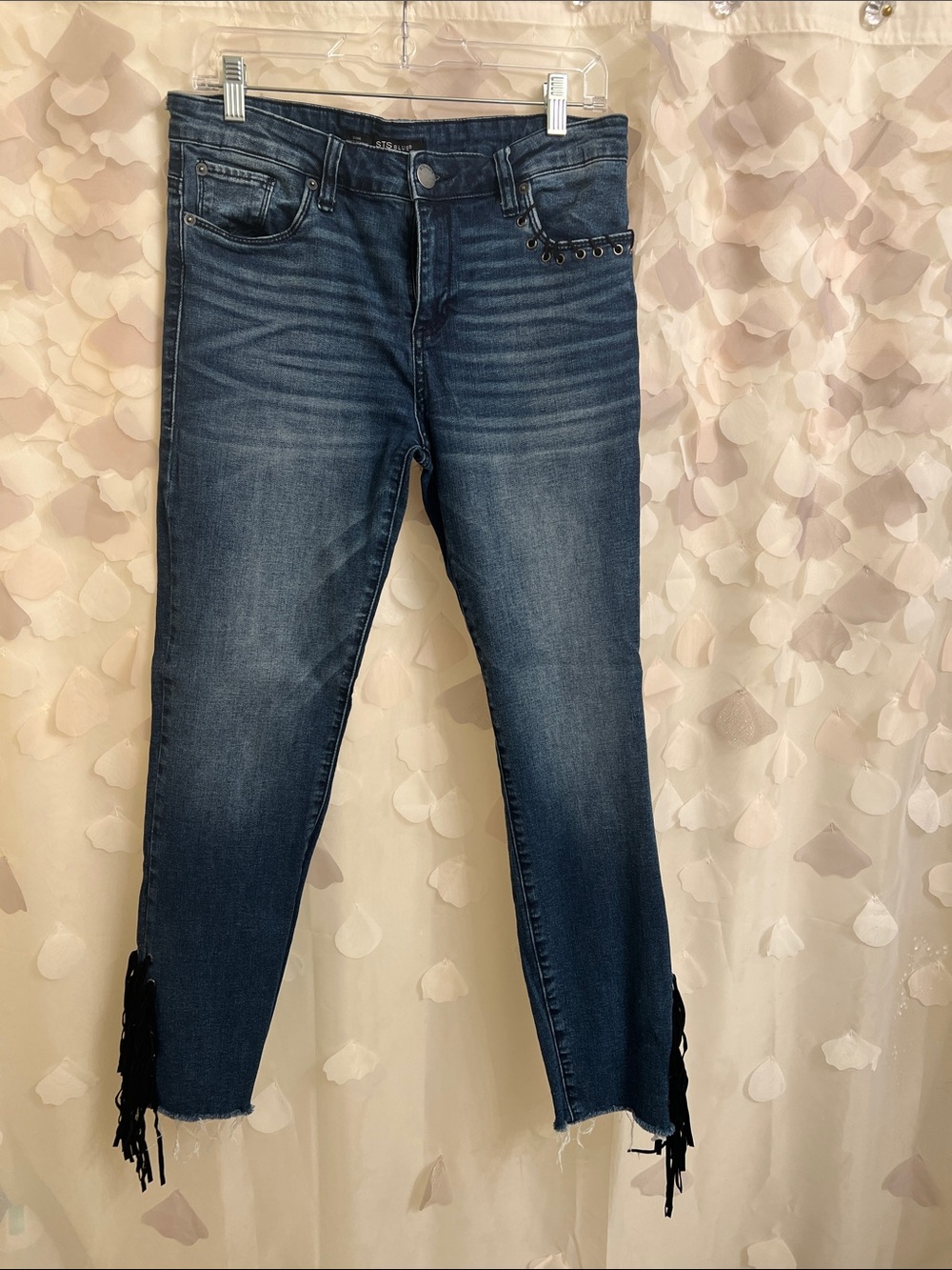 STS Blue Dark Wash Cropped Skinny Jeans with Fringe Hem